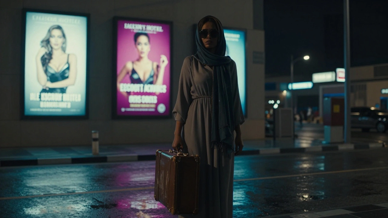 A woman stands alone on a Dubai street at night, clutching a suitcase as glamorous billboards loom behind her.