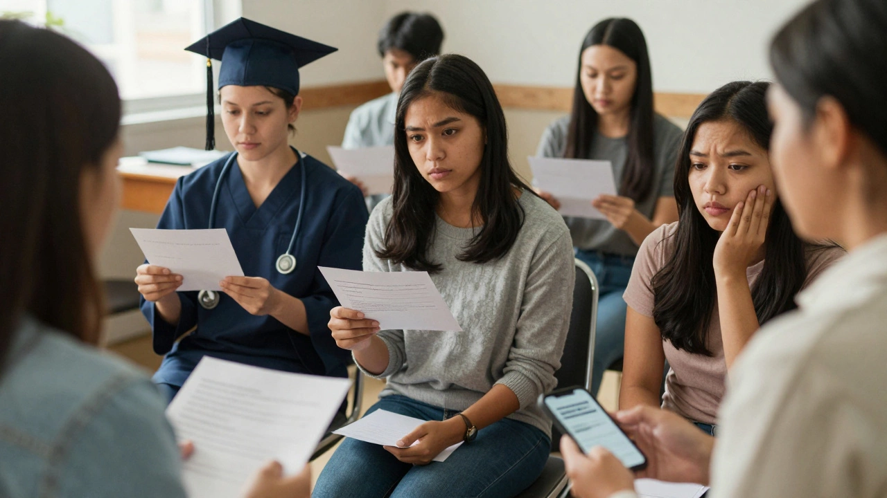 Diverse individuals sit in a community center, holding letters and phones, listening to a counselor under warm light.